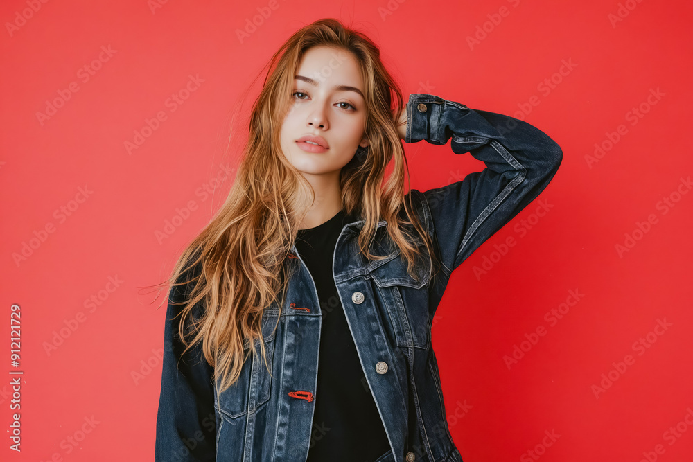 Sticker a woman in a denim jacket posing for a picture