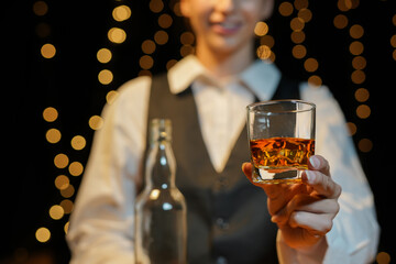 Bartender Serve beer, on wood bar, 