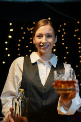 Bartender Serve beer, on wood bar, 
