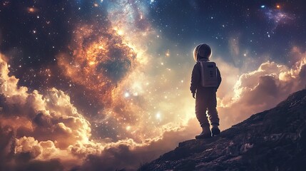 Obraz premium Young boy imagining himself as an astronaut exploring distant galaxies in a dreamy cosmic landscape