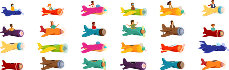 Kids flying plane icons set. Pilots are flying colorful airplanes, enjoying the freedom of flight and the thrill of aviation