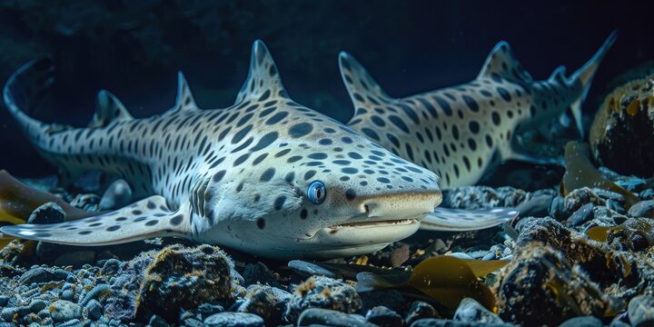 Leopard shark with two Common remoras resting on the seabed