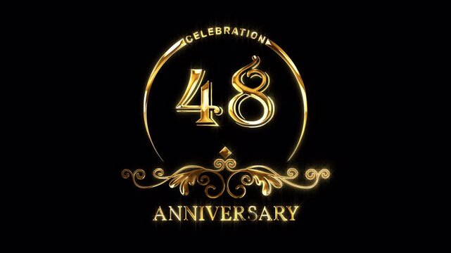 48th Anniversary Celebration. Happy 48 Years Anniversary Animation in Gold Color on the Transparent Background, Alpha Channel. Great for greetings, celebrations, events, and gifts.