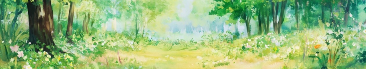 Naklejka premium Floral Fantasy: A High-Resolution Hand-Drawn Illustration of Nature's Splendor in a Springtime Forest, Welcoming the Season's Enchantment with Lush Greens and Fragrances in Anime Style