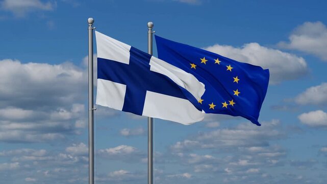 European Union and Finland flags flying together, video concept of the relationship