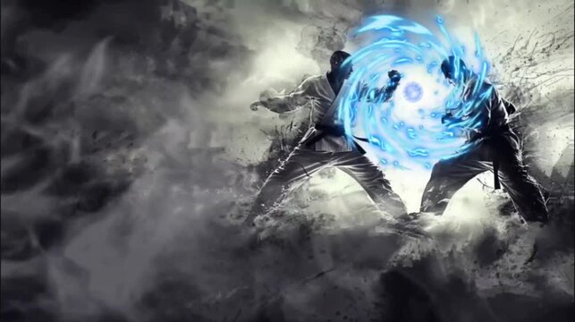Martial Artists Creating Energy Ball in Storm. Seamless loop video background