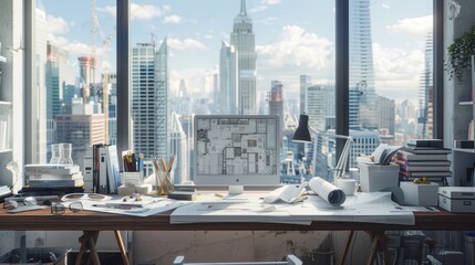 An architect&acirc;&euro;&trade;s desk cluttered with blueprints, 3D models, and design tools, with a window showing a city skyline under construction.