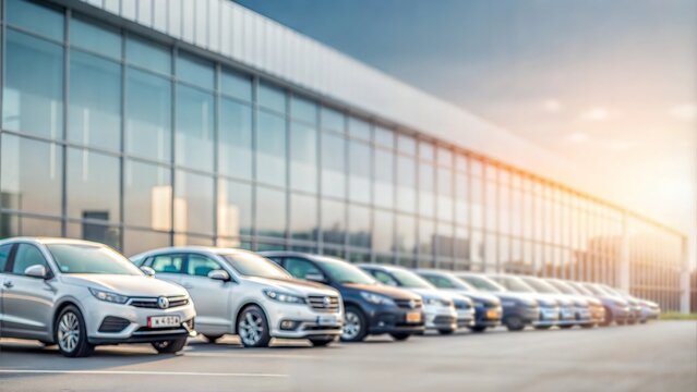 New cars lined up outside modern dealership building
