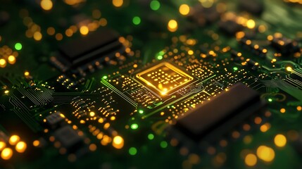 Obraz premium Close-Up of a High-Tech Circuit Board Featuring a Central Processor: The Heart of Modern Electronic Devices