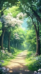 Obraz premium Floral Fantasy: A High-Resolution Hand-Drawn Illustration of Nature's Splendor in a Springtime Forest, Welcoming the Season's Enchantment with Lush Greens and Fragrances in Anime Style