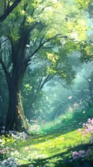 Fototapeta premium Floral Fantasy: A High-Resolution Hand-Drawn Illustration of Nature's Splendor in a Springtime Forest, Welcoming the Season's Enchantment with Lush Greens and Fragrances in Anime Style