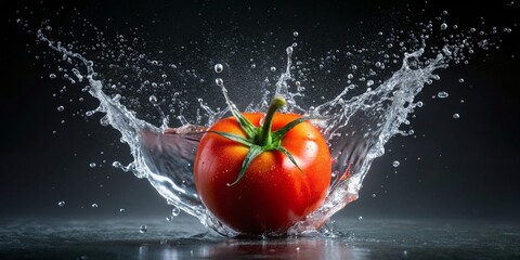 Tomato with water splash exploding in a wide-angle shot, water, splash,tomato, motion, vibrant, fresh, explode, healthy, organic, juicy, fruit, action, close-up, red, food, natural