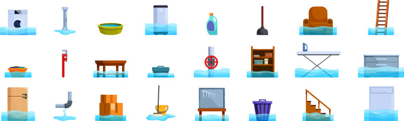 Flood house basement icons set. House flood icons set, room flooding with water, home disaster and destruction vector illustration