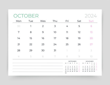 October 2024 year calendar. Planner calender layout. Week starts Monday. Desk monthly organizer. Timetable template. Table schedule grid. Vector simple illustration. Corporate diary. Paper size A5