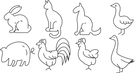 Vector set of farm animals flat icons. Contains icons cow, horse, goat, goose, donkey, rooster, pig, duck and more. Pixel perfect. simple vector icons with transparent background.