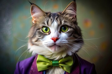 A cat is wearing a purple suit and a green bow tie