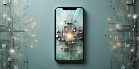 A cell phone is displayed on a blue background with a lot of wires and circuits