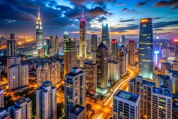 A city skyline at night with a bright orange and blue sky
