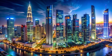 A city skyline at night with a river running through it