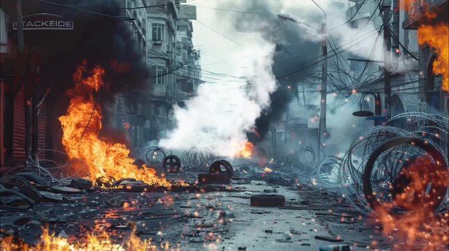 Devastated Urban Warzone with Flames. Seamless loop video background