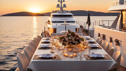 The image shows a large, luxurious yacht with a dining table set for a formal dinner on the deck. The sun is setting in the background.

