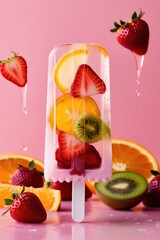 A colorful ice cream stick with a variety of fruits on top