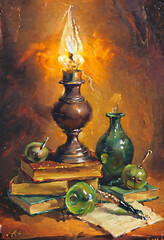 Still Life with Oil Lamp and Books.