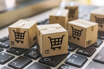 Fototapeta premium Cardboard boxes with shopping cart symbol on a keyboard, concept of online shopping and e-commerce