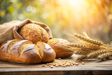Freshly Baked Bread with Wheat Ears on Wooden Table.