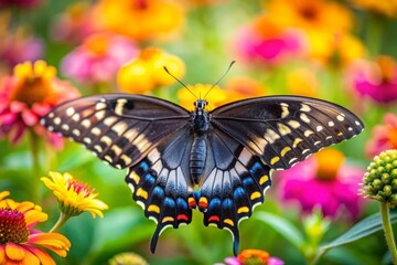 Black Swallowtail Butterfly on Colorful Flowers.