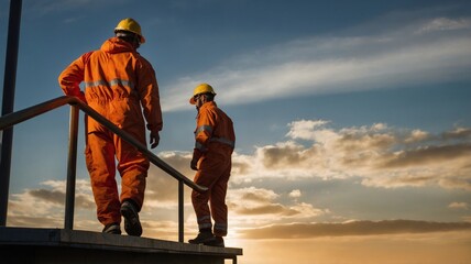 Fototapeta premium Two men wearing orange jumpsuits walk on a platform