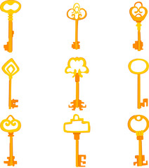 golden key set cartoon. success vintage, unlock hole, door antique golden key sign. isolated symbol vector illustration