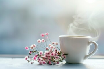 Fototapeta premium Close-up of steaming coffee cup with fresh pink flowers on table at morning light