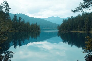 Fototapeta premium Lake surrounded by trees and mountains