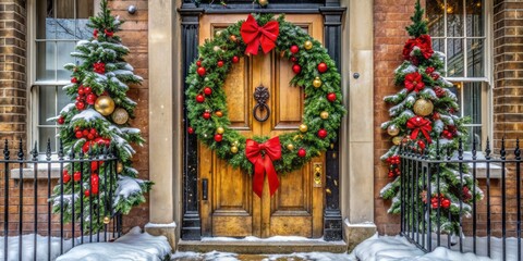 Fototapeta premium Traditional ornate heritage door in London adorned with vibrant festive Christmas wreath, garland, and ribbons on a snowy winter day.