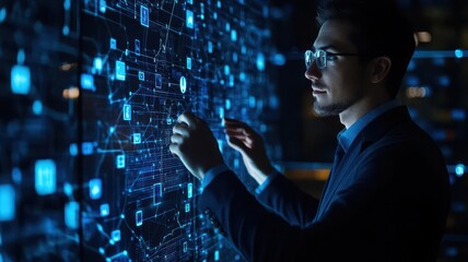 A professional man interacting with a digital interface, showcasing innovation and technology in a modern workspace.