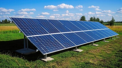 A modern solar panel installation in a bright outdoor setting, harnessing renewable energy under a clear blue sky.