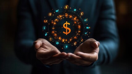 A person holds glowing dollar symbol surrounded by financial icons, representing wealth, investment, and digital currency in business.