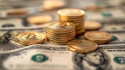 A close-up view of coins stacked on US dollar bills, representing savings, investments, and financial growth.