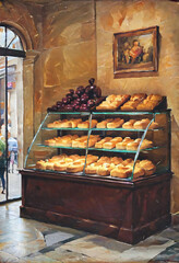 Bakery Display Case with Bread and Pastries.