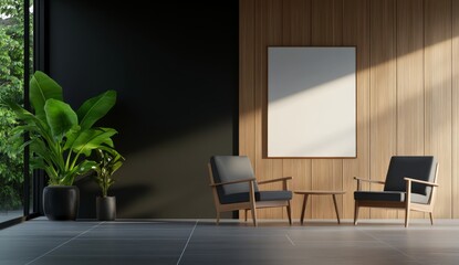 A modern office with wooden elements and black walls, gray floor tiles, modern chairs, plants, coffee tables