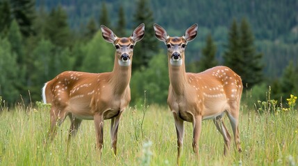 Two spotted deer stand gracefully in a lush green meadow, surrounded by serene nature and tall trees in the background.
