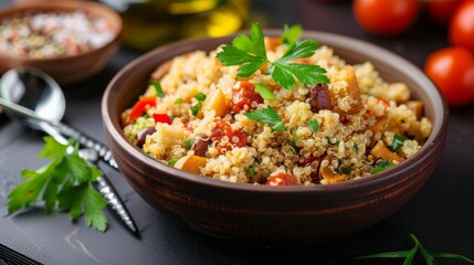 A rustic dairy-free dish featuring quinoa, focusing on heart-healthy Mediterranean meal options with wholesome, nutritious ingredients and a hearty presentation.