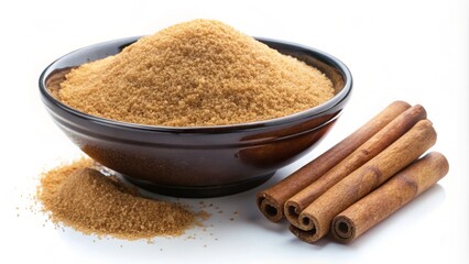 Warm aromatic cinnamon sugar mixture in a white bowl on a clean background, perfect for baking and seasoning drinks.