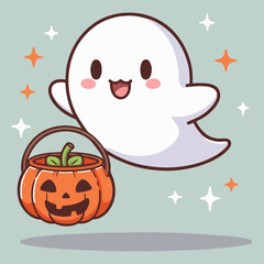 Cute ghost floating with Halloween pumpkin basket for Trick or Treat. Funny spooky boo character. Spook phantom with happy smiling face expression. kids flat vector illustration.