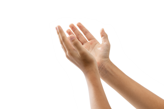 two outstretched hands towards sky on white background.