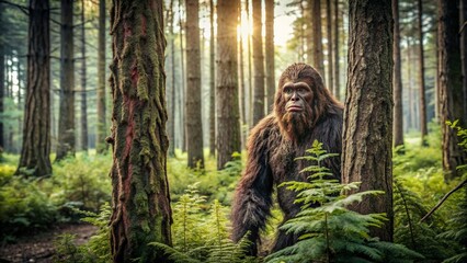 Mysterious sasquatch hiding among the trees in the forest, legend, legend, wild, cryptid, creature, ape, wilderness, hairy, hidden,Bigfoot, nature, myth, woods, mythical, mysterious