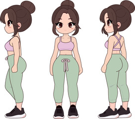 Cute girl in gym clothes, in three poses, illustration, shades of pink and green