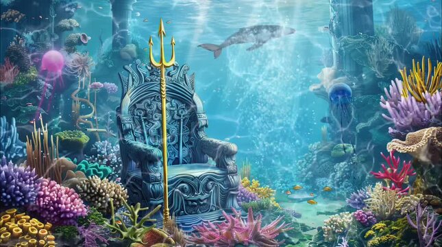 Majestic underwater throne room with a trident and marine life. Seamless loop video background
