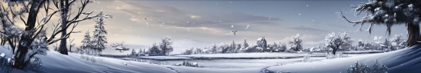 Fototapeta premium Frosty Paradise: A Hand-Crafted Illustration of Nature's Peace in a Snowy Landscape, Welcoming the Season's Charm with Cozy Fireplace Warmth